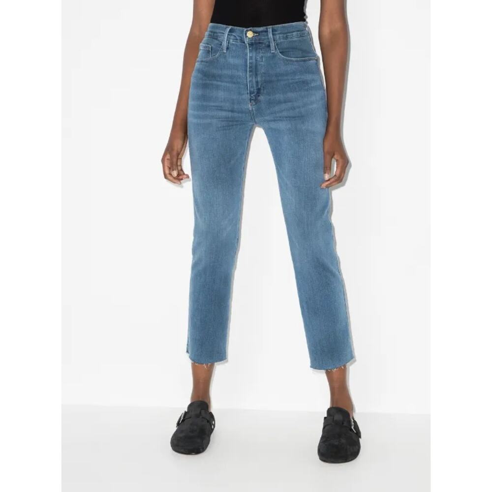 FRAME Le Sylvie Crop High Rise Straight Jeans Fanning Light Wash Raw Hem Size 24